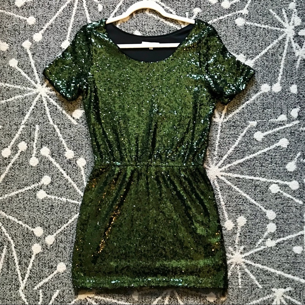 Lucy Paris Green Sequin Mini Dress Elastic Waist - Picture 2 of 16